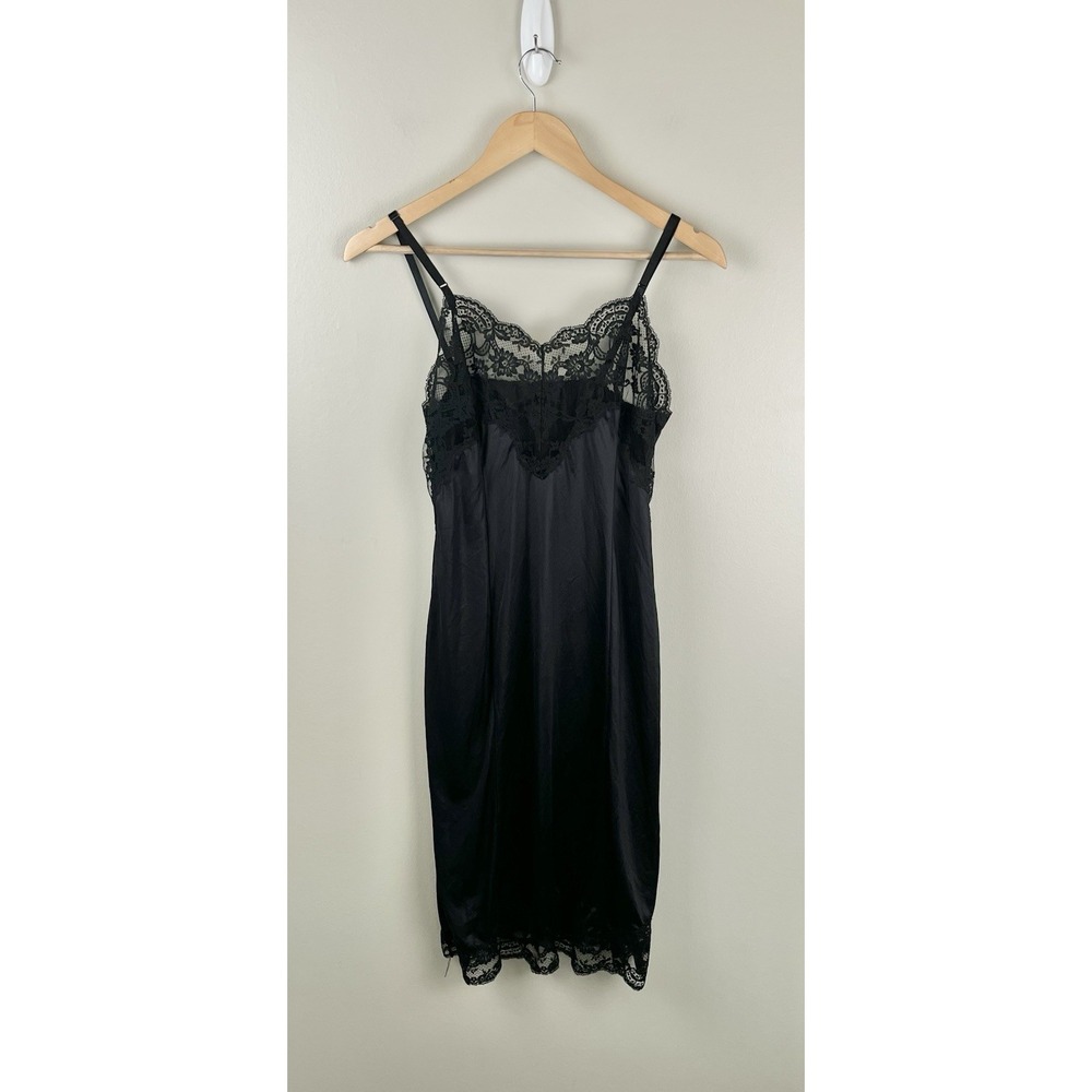 Wonder Maid Vtg Black Satin Full Slip Dress Lace Trim Size 34 Fairy Goth Whimsey